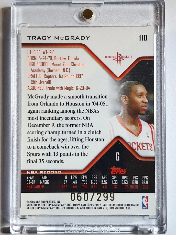 2005 Topps Finest Tracy McGrady #PATCH /299 Game Worn Jersey - Ready to Grade - Image 4 of 4