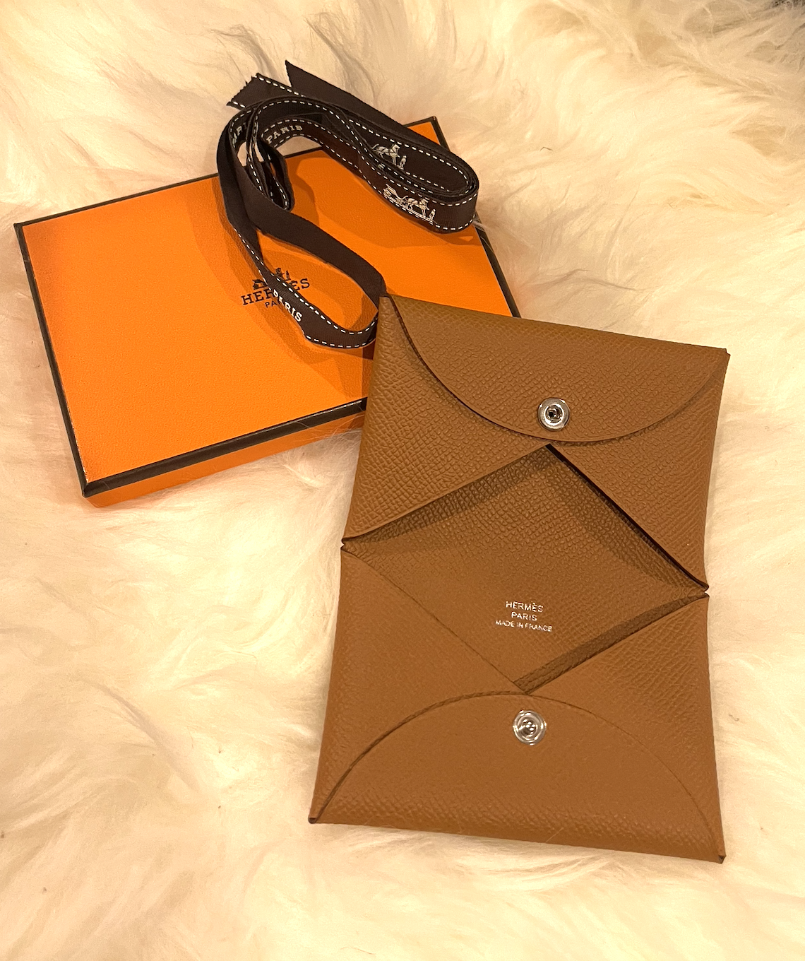 NEW Hermes Calvi Card Holder Leather Case Epsom Gold Brown *Classic*