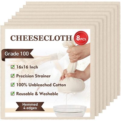 Cheese Cloth16x16 Inch Hemmed 4 Edges Grade 100 Ultra Fine 100% Unbleached Co...