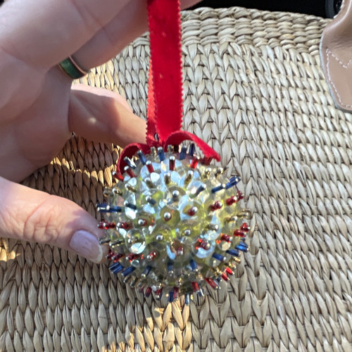 Beaded Christmas Ball Bauble Ornament, Multicolor Hanging w/ Red Ribbon