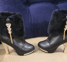 Women's Fur Rhinestone High Heels Ankle Boots Fashion Party Platform Shoes