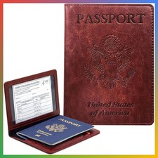 Passport Holder Wallet RFID Blocking Travel Case Brown Vaccine Card Slot