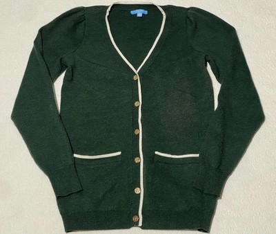 Draper James Green Cardigan Sweater with Cream Trim - XS