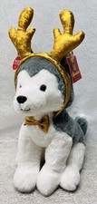 FAO Schwarz Christmas 12" Huskey Dog Sparklers With Gold Antlers Plush Puppy NWT