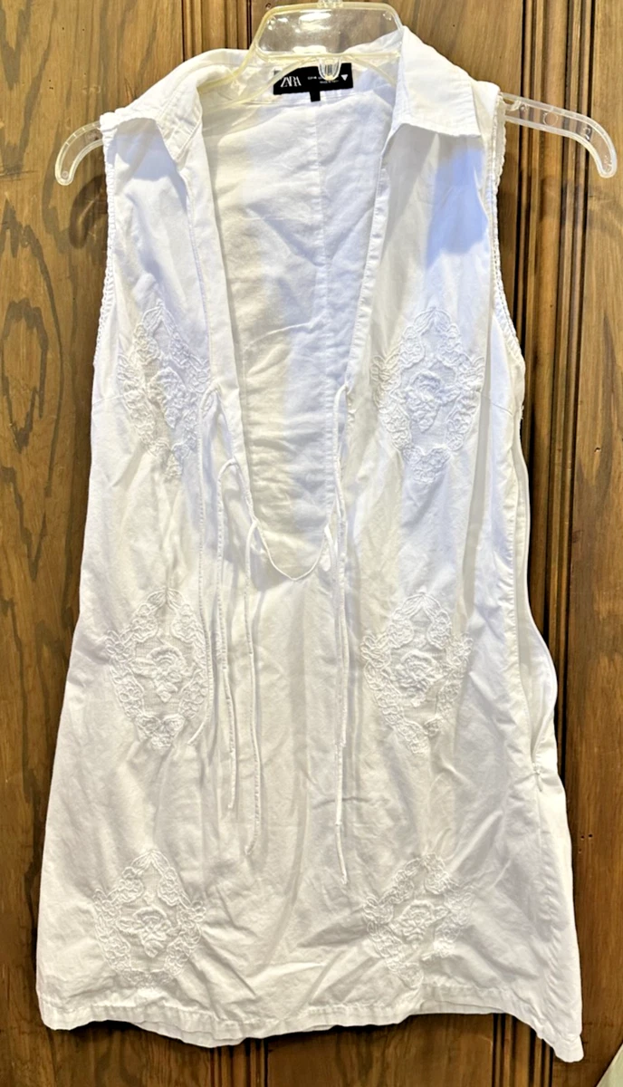 Mujer Zara Bordado Blanco 100% Algodón Corto Mangas Tira Playa Vestido Talla M