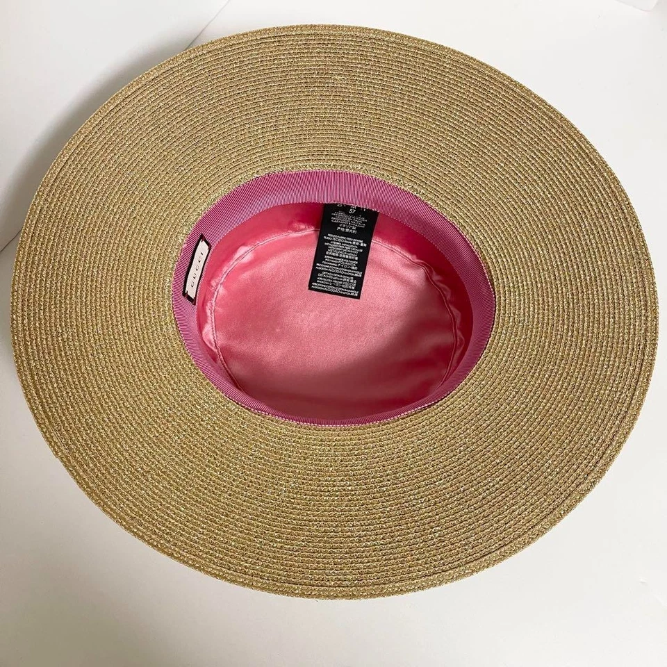 GUCCI Sombrero de Navegante de Tela Dorada Motivo de Cinta de Abeja Talla M 57 cm Estilo Paja Parte Superior Plana Foto 2 de 4