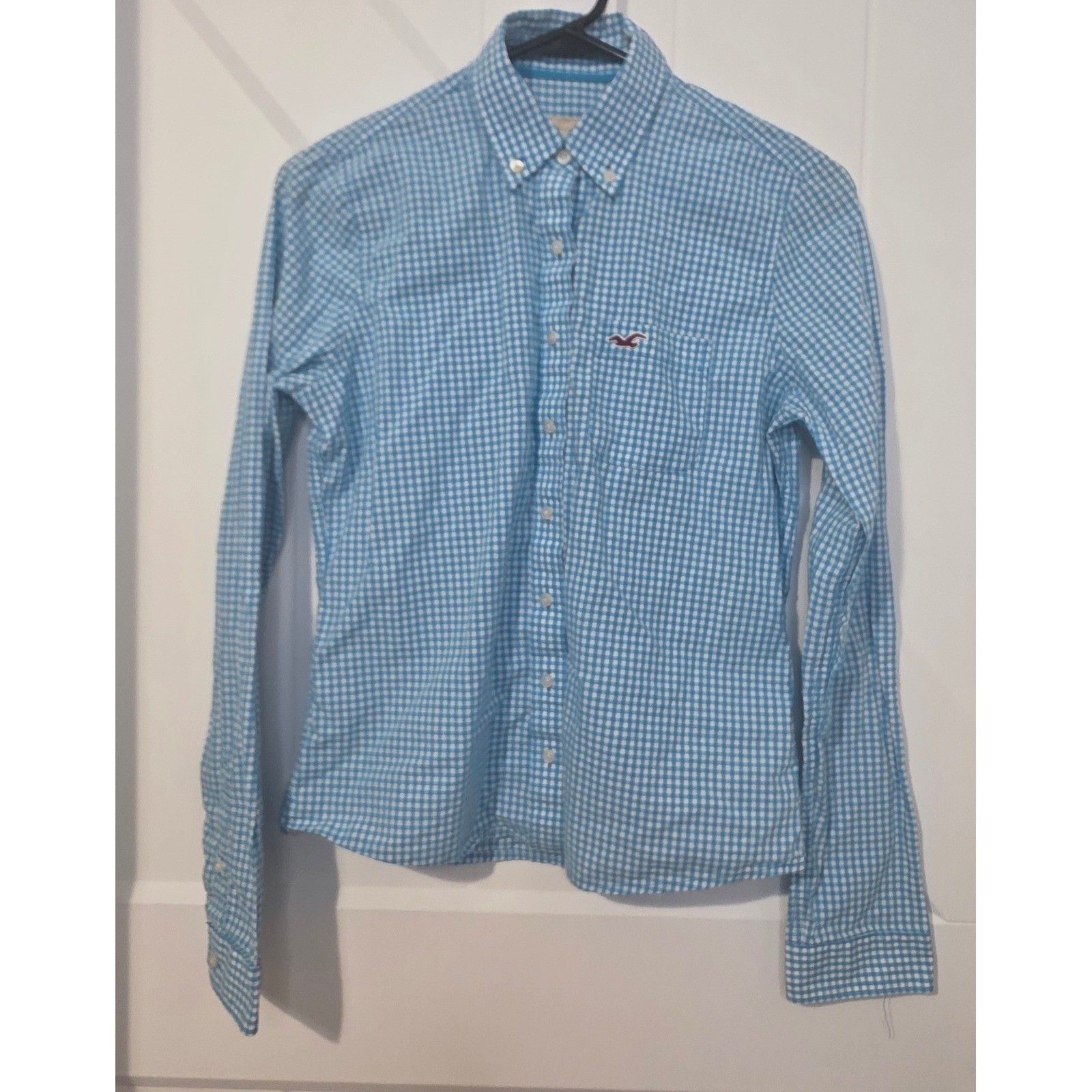 Hollister Women's Blue Gingham Button Down Shirt Size Small Long Sleeve Cotton