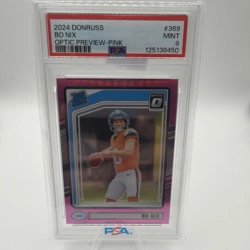 2024 Panini Donruss Rated Rookie Bo Nix #369 Optic Preview Pink Prizm RC PSA 9