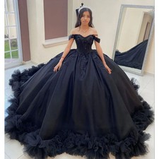 Customized Elegant Black BallGown Quinceanera Dress Long Train Appliques Sweet16