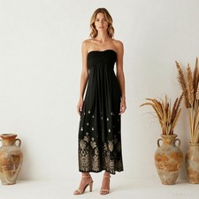 Evening Glam Maxi Dress Black Gold Floral Silk Blend Empire Zip Pockets US 6