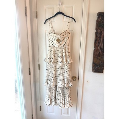 Self-Portrait Polka Dot Tiered Midi Dress Cream Black RS23-118M-C Womens Size 0