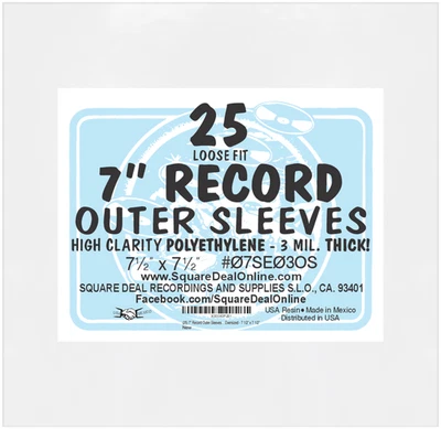 SQUARE DEAL RECORDINGS & SUPPLIES (25) 07SE03OS 7" 45rpm Record OUTER SLEEVES Covers Oversize High Clarity Slips