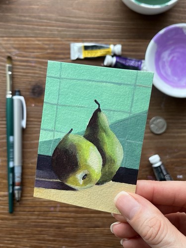 ACEO Original Pear Oil Painting Still Life Teal Kitchen Art Grandmillennial Frui