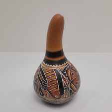 Hand Carved Gourd Maraca Painted Etched Folk Art Birds Flowers Natural Tones