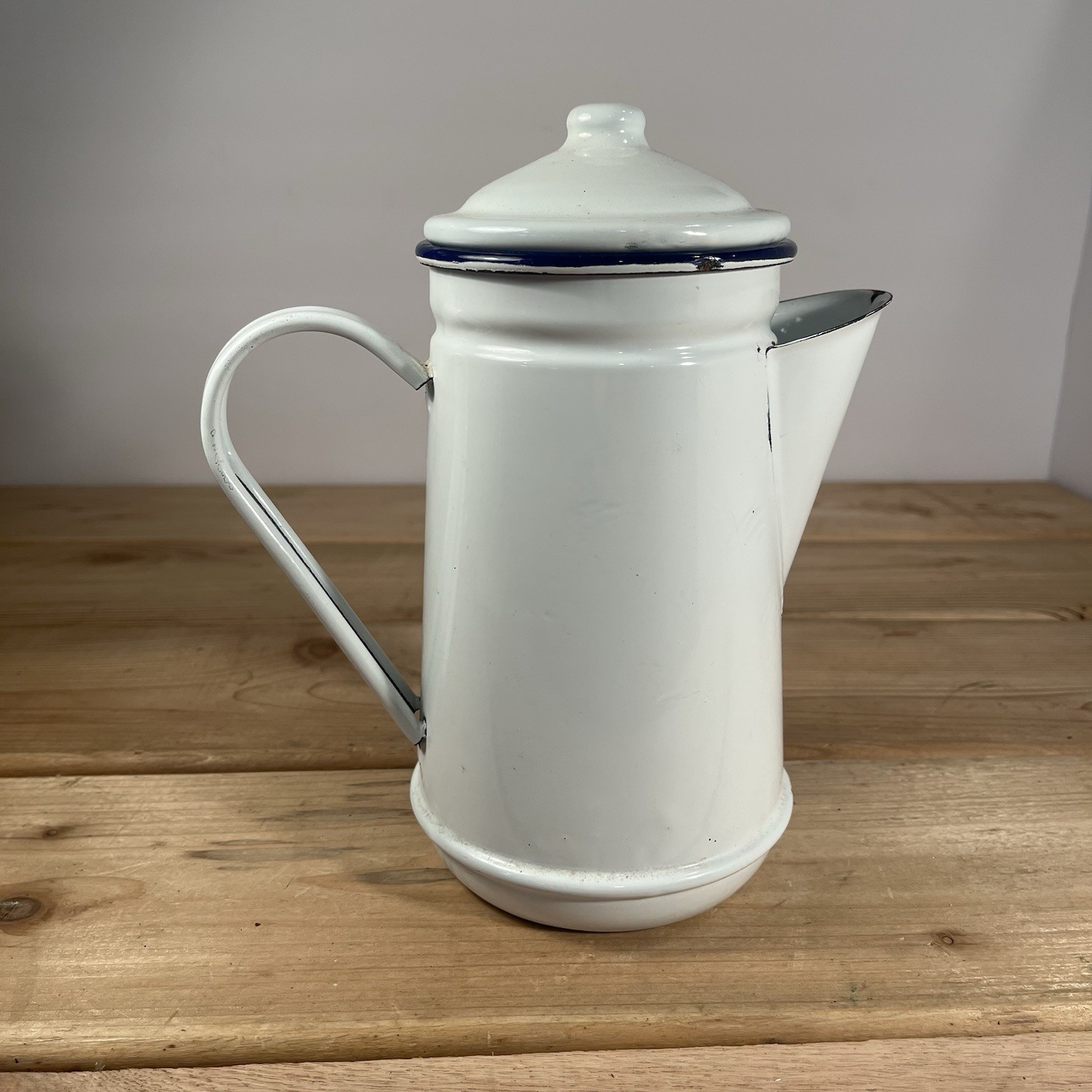 Vintage Style Coffee Pot White with Black Trim Enamelware Farmhouse Rustic Decor