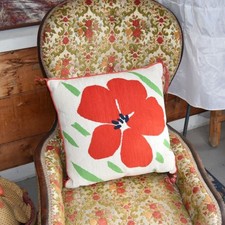 1970s Red Poppy Floral Needlepoint Throw Pillow 17x16 Tassels Zip Closure