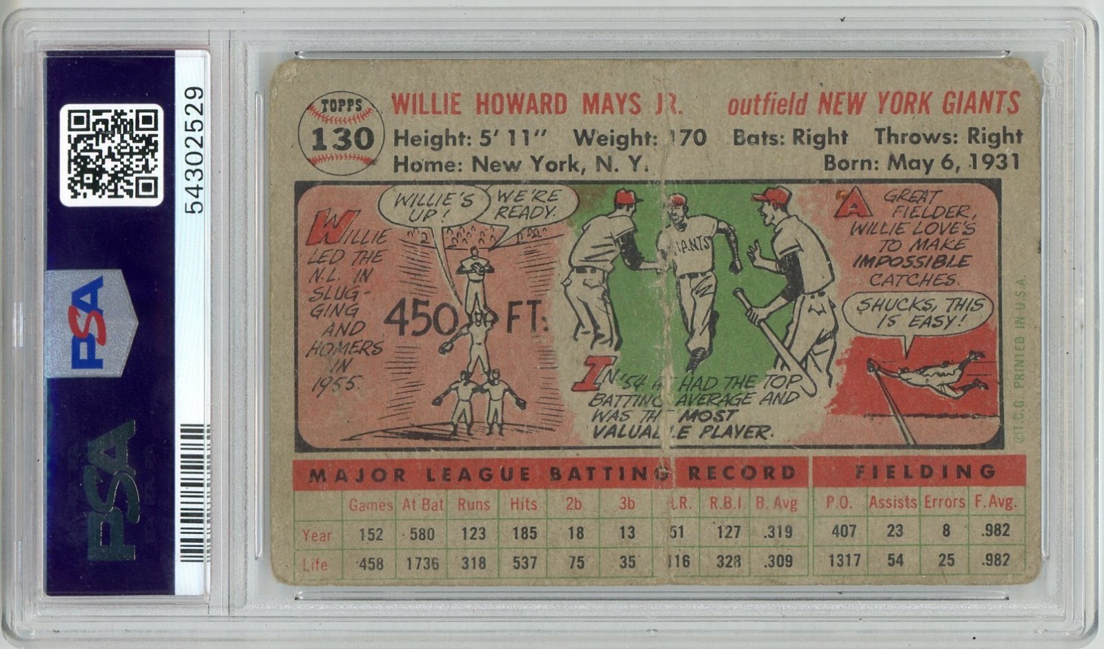 1956 Topps  Willie Mays #130 Gray Back PSA 1 New York Giants "Free Shipping" view 2