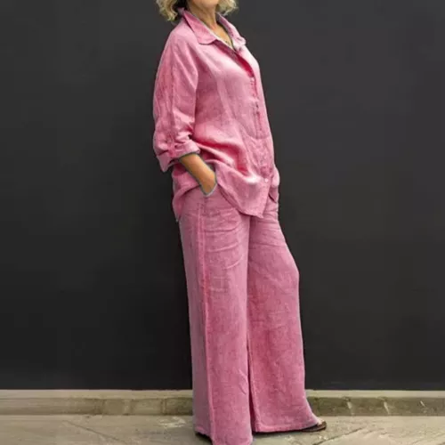Damen Baumwolle Leinen Anzug Hemd Lockere Hose Set Langarm Freizeit Sets Sommer - Bild 4 von 32