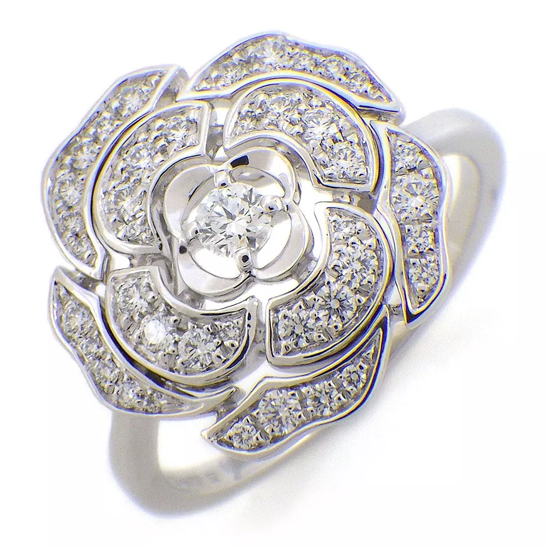 CHANEL Profil De Camellia Diamond 18K Gold Ring Size 50 US Size 5.50