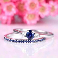2.5ct Lab-Created Oval Sapphire Ring Trilogy Bridal Set 14k White Gold Plated