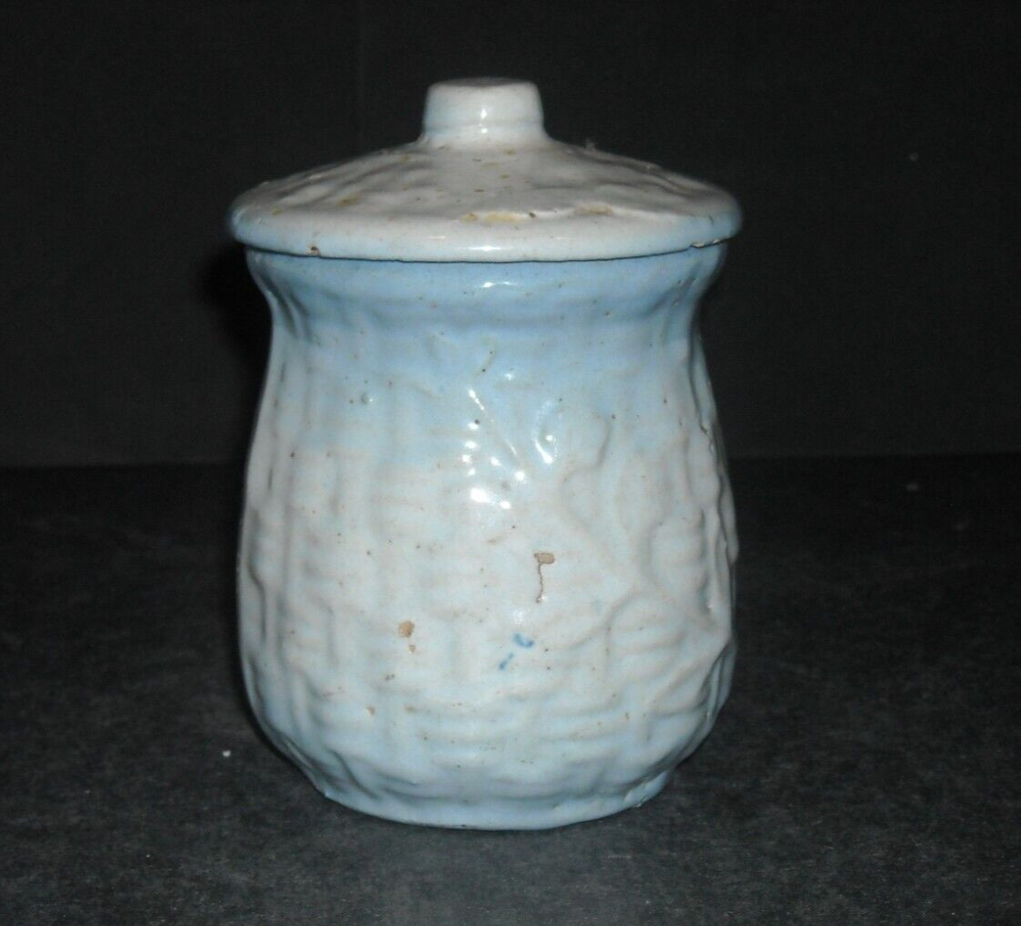 Small Blue & White Basketweave Cloves Spice Jar - Stoneware Salt Glaze Ohio