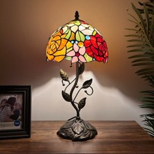 Tiffany Style Table Lamp Rose Flowers Stained Glass LED Bulb Included 20"H 10"W