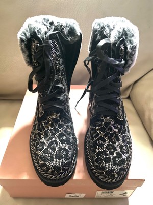 Stiefeletten Leder Samt Schwarz Leopard Kunstfell Strass ALMA EN PENA 38 Neu