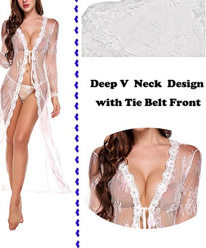 Women Sexy Lingerie See Through Lace Dress Sleepwear Sheer Kimono Robe Nightwear - Picture 15 of 52