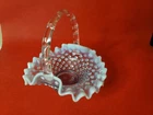 Fenton? Blue Opalescent Hobnail Basket Vintage Glass 5.5" Tall