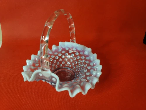 Fenton? Blue Opalescent Hobnail Basket Vintage Glass 5.5" Tall