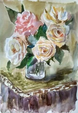 Original Watercolor White Roses Painting Flowers Still Life Wall Art Decor 