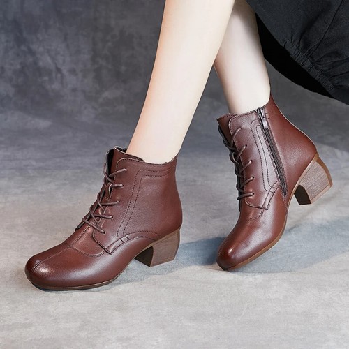 Autumn Winter Boots Women Retro Lace-up Leather Round Toe Thick Heel Ankle Boots - Picture 13 of 26