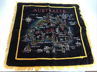 Vintage Souvenir Australia Pillow Case Cover Fringe Black And Gold