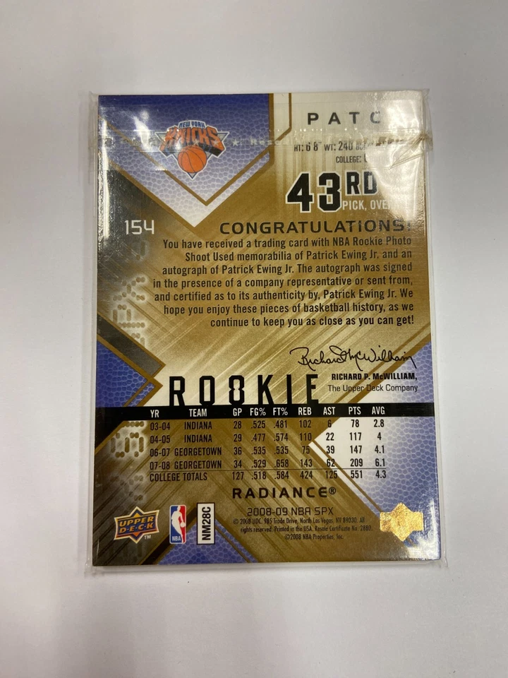 2008-09 Upper Deck NBA SPX PATRICK EWING JR. Rookie Patch Auto /25 #154 - Image 2 of 2