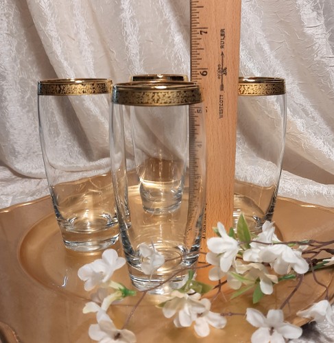 4 Circleware Tapered Highball Glasses w/ Broad Gold Scrollwork Rim Trim SET - Picture 4 of 6