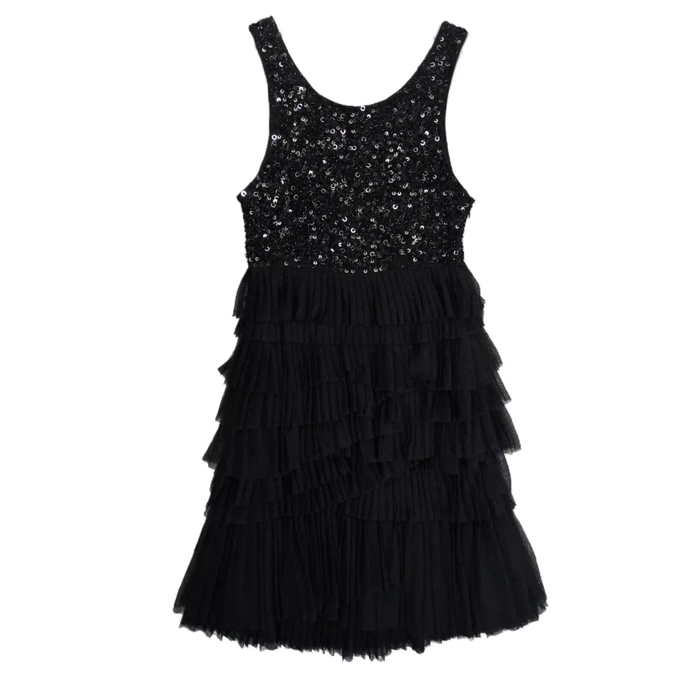 Vestido de Cóctel MM COUTURE by MISS ME Negro Lentejuelas Capas Gasa Aleta, Talla M Foto 2 de 4