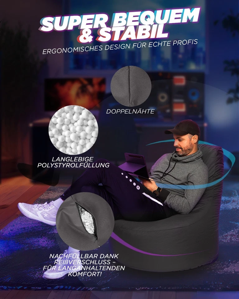 Patchhome Gamer Sitzsack Sitzkissen Beanbag  Player Lounge Sessel Kissen NEU - Bild 4 von 4