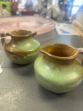 Frankoma Vintage Mini Pottery Pitchers Set Of 2 Green/Brown Glaze Handcrafted Co