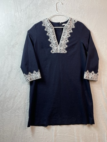 NEW Preston & York Linen Blend Dress Size 14 Navy Blue White Embroidered Detail - Picture 3 of 11