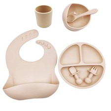 6pc Silicone Baby Feeding Set - Toddler Suction Plate Bowl Bib Cup Spoon Fork