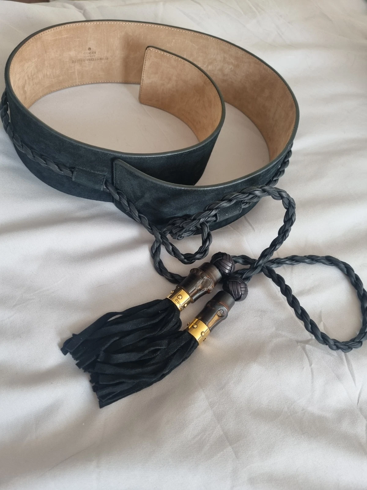 Rare ceinture vintage Gucci époque Tom Ford cuir noir corde pompon taille superbe