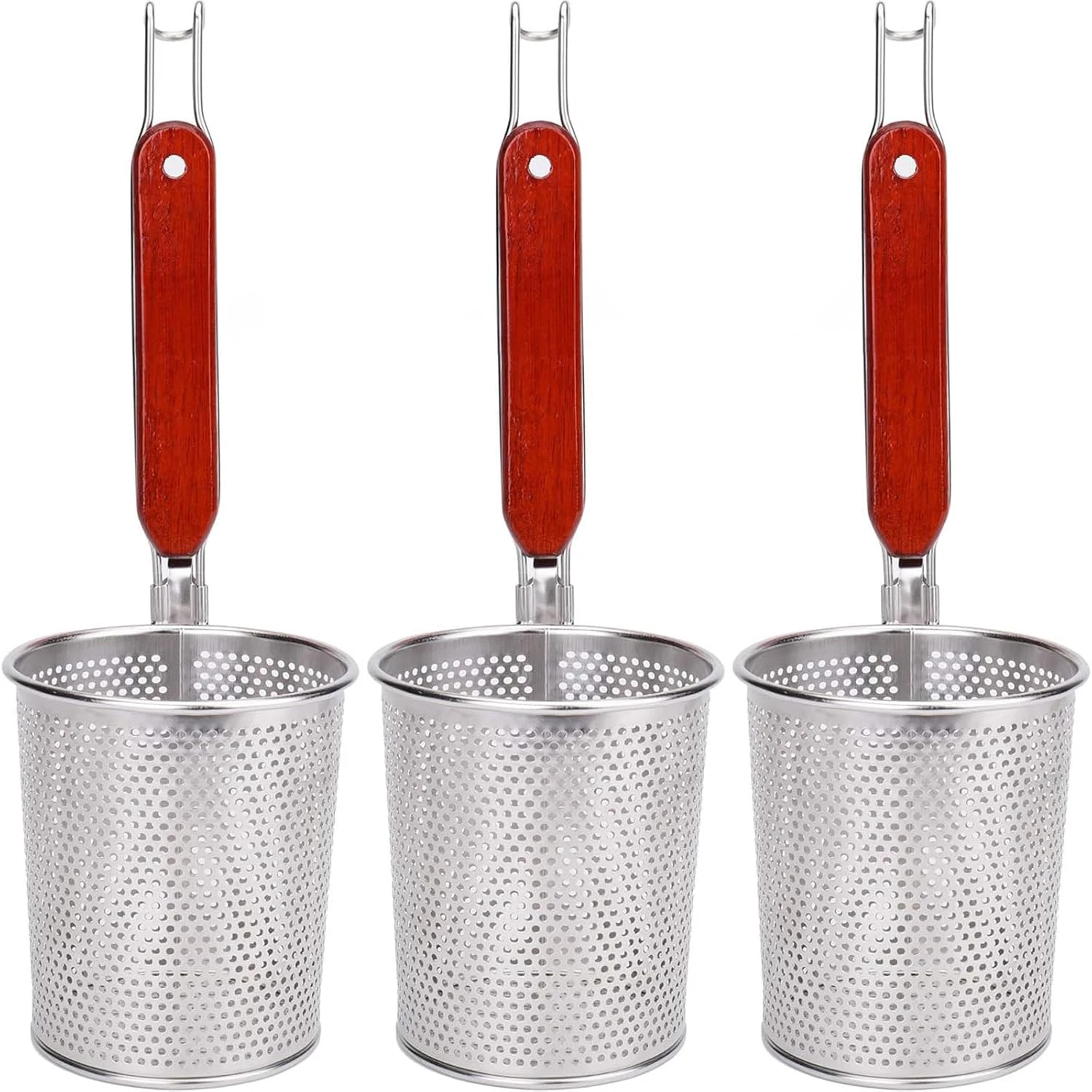 3 Packs Mesh Pasta Basket with Wooden Handle Stainless Steel Mesh Spider Straine