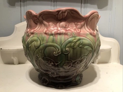 Antique Art Nouveau Weller Pottery Majolica Pink Green Jardiniere 11” Diameter