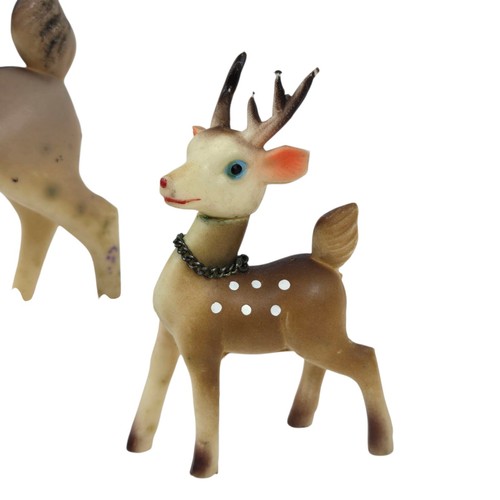 2 Vtg 1950s Rubber Spotted Reindeer Doe & Fawn w Swivel Heads Blue Eyes Japan - Picture 9 of 14