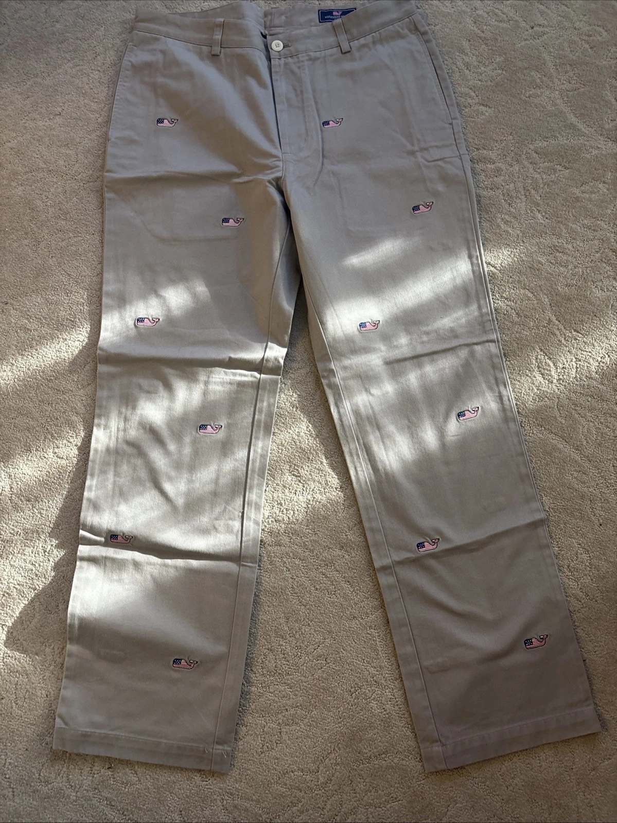 Vineyard Vines 35x32 Mens American Flag Whale Embroidered Club Pants Khaki