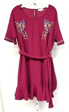 Blue Entro Sz L Hot Pink Floral Embroidered Boho Hippie Womens Ruffle Hem Dress