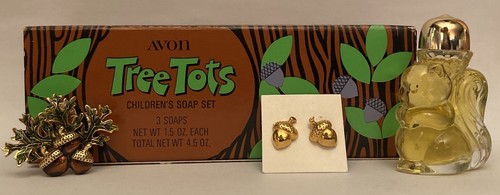 Avon Whimsical vintage Squirrel/Acorns set: cologne + soaps + broach & earrings