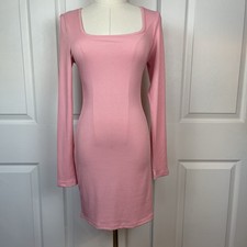 Pink Long Sleeve Fit And Flare Stretchy Square Neck Mini Dress Womens Size S