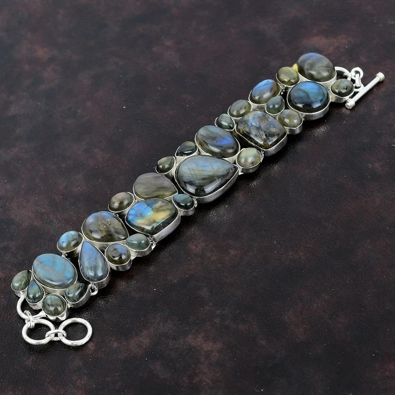 Браслет ювелирный ручной работы из стерлингового серебра 925 пробы с лабрадоритом драгоценными камнями размер 7-8"" - Изображение 3 из 4