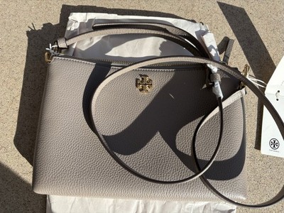 NWT Tory Burch Small Mercer Pebbled Zip Leather Crossbody Bag In Gray Heron